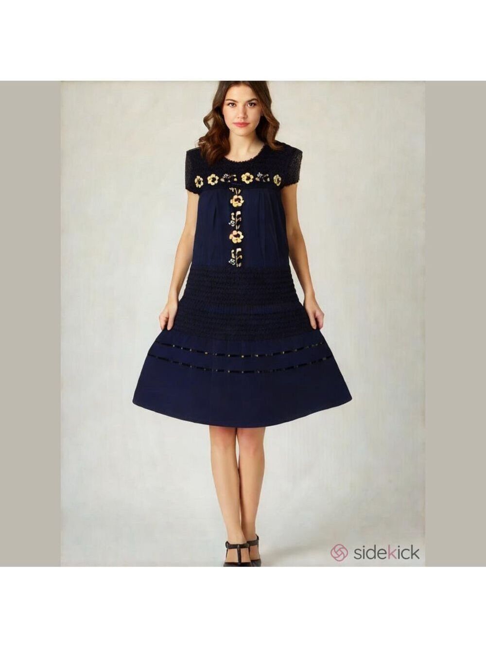 Vintage floral embroidered black dress embroidered yellow flowers Cottagecore